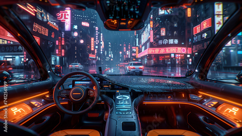 futuristic self driving car in a city, self driving modern car in a Chinese city