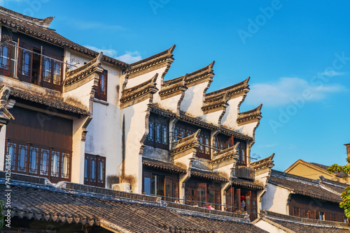 Upward close-up of ancient buildings in Wuzhen, Zhejiang Province, China