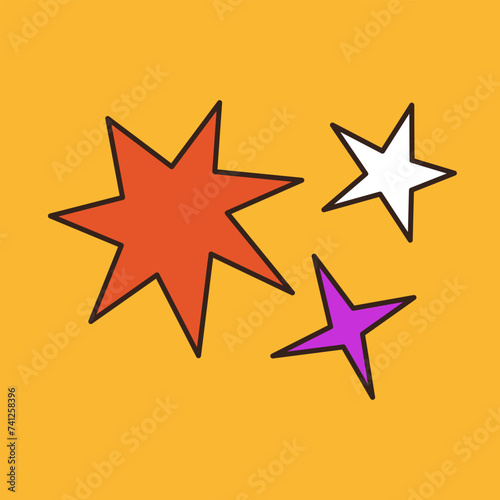 Cute star sparkle shape set. Groovy retro icon in 60s, 70s hippie style. Funny sign symbol. Patches, pins, stamps, stickers template print. Trendy psychedelic flat design. Yellow background