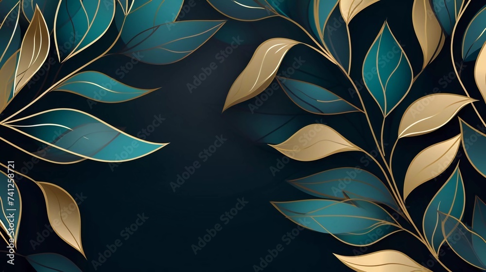 Gold leaf line art background vector. luxury gold abstract wallpaper with blue green and tide water. Beautiful vector design - obrazy, fototapety, plakaty 