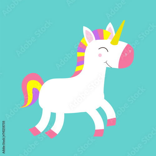 White unicorn icon. Horse jumping. Cute cartoon kawaii funny smiling baby character. Notebook cover, t-shirt, sticker print. Zoo animal. Education cards for kids. Flat design. Blue background.