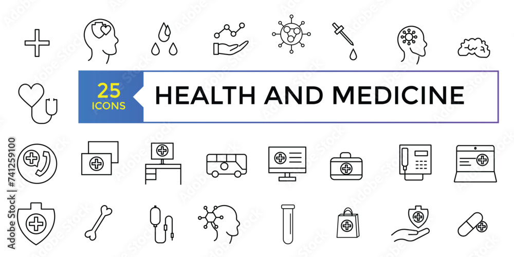 Health and medicine line icons collection. UI icon set in a flat design. Outline icons pack. Vector illustration