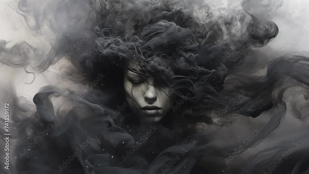 woman brought to life in swirling smoke abstract. seamless looping overlay 4k virtual video animation background 