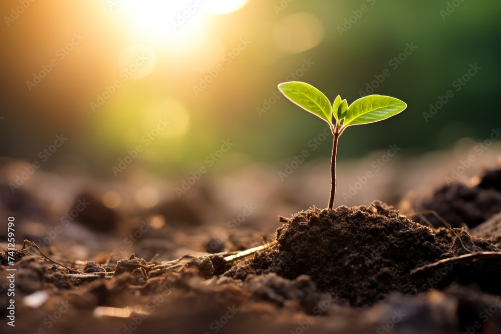 Green seedling sprouting from rich soil, reaching for suns warm rays, embracing new beginnings Green seedling sprouting from rich soil, reaching for suns warm rays, embracing new beginnings