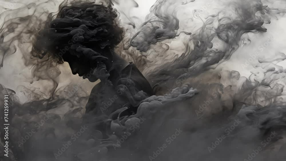 black smoky illustration on white background. abstract man brought to life through swirling smoke. seamless looping overlay 4k virtual video animation background 