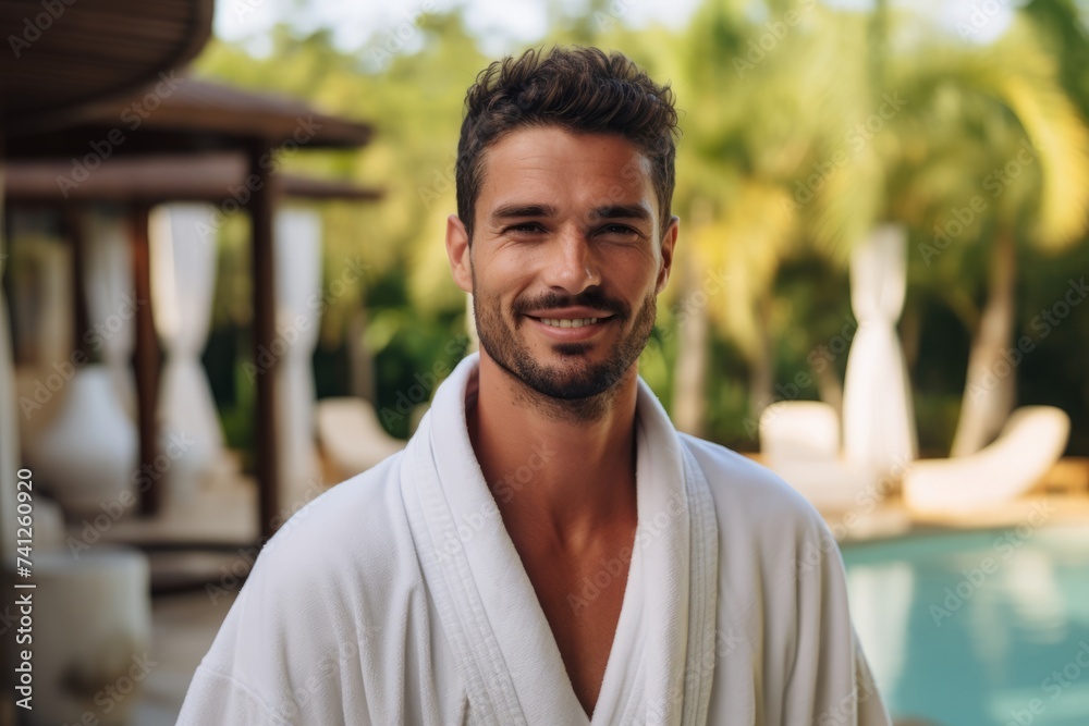Handsome young man in white bathrobe standing by swimming pool and smiling