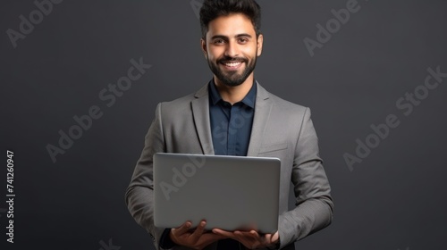 Happy smiling indian business man employee or manager standing isolated on gray background holding laptop advertising online products, business trainings and webinars photo