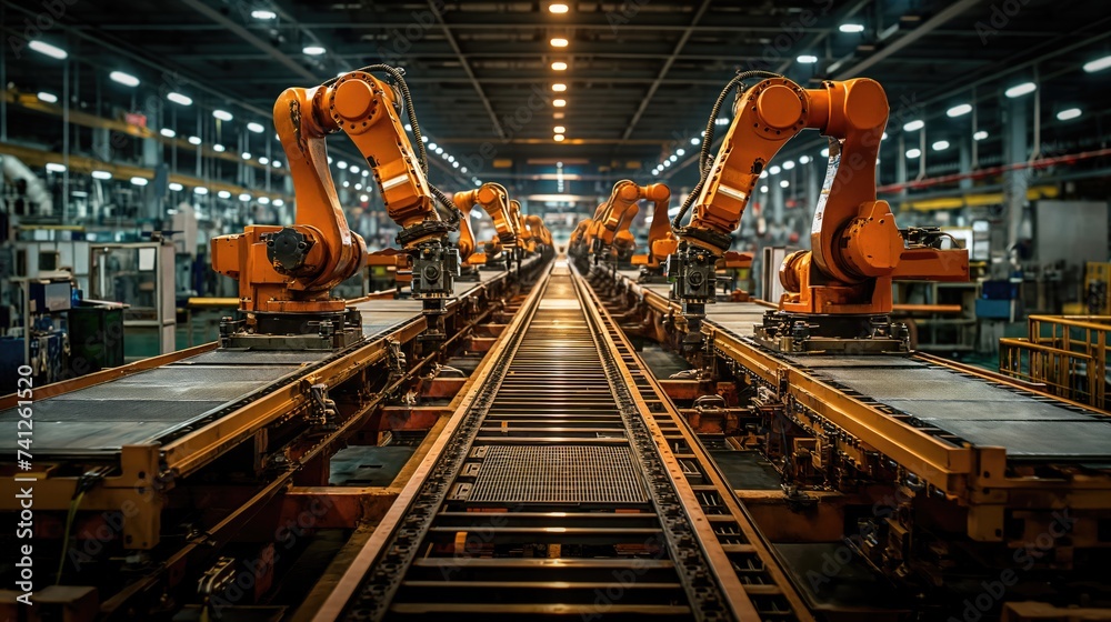 Car factory, automated assembly line of robotic arms manufacturing vehicles. Created with Generative AI.