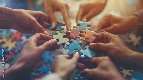 A close-up of diverse hands coming together to complete a puzzle, metaphorically solving challenges through teamwork, blurred background, with copy space