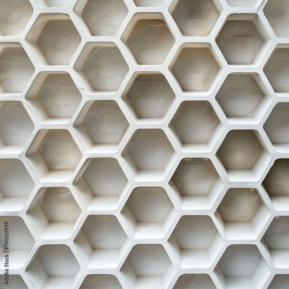 Close-up of a white honeycomb pattern, precise and uniform Close-up of a white honeycomb pattern, precise and uniform
