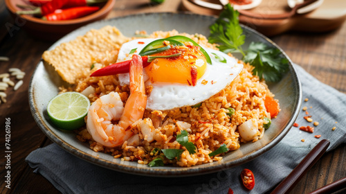 Nasi goreng- Indonesian fried rice with fried egg, chili, shrimp, kerupuk crackers . Generative Ai photo
