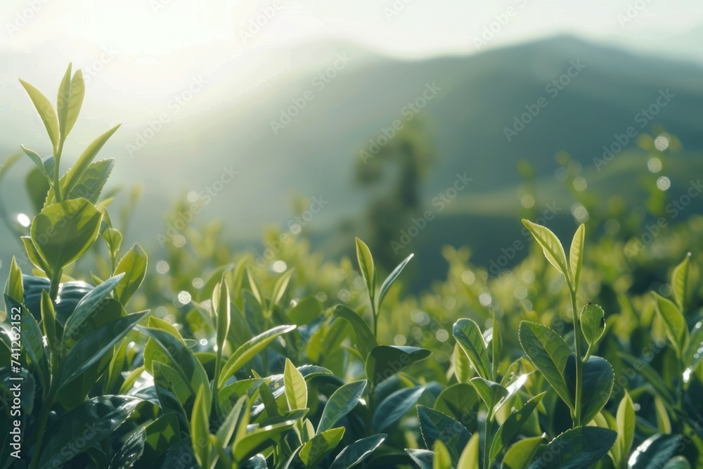 Fototapeta premium Green tea bush plantation with hills and mountains on background
