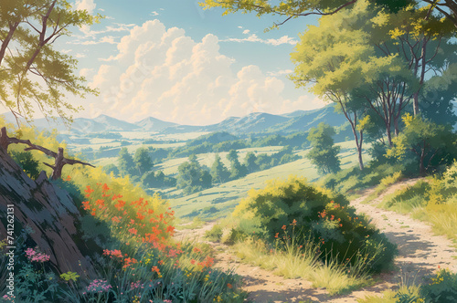 A lush landscape. The foreground features a dirt path with wildflowers on either side