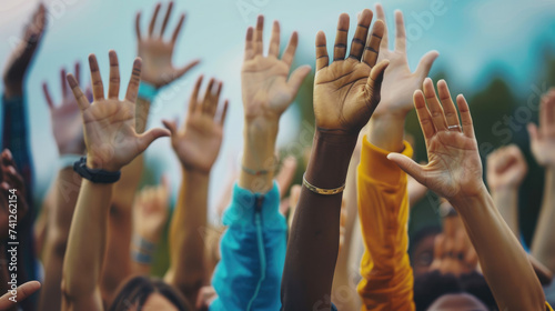 multi-ethnic group of people close-up raising hands in the air, Ai Generated Images