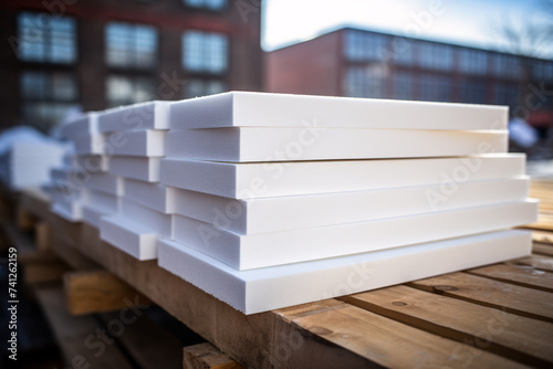Stack of extruded polystyrene sheets insulative material for buildings at construction site photo