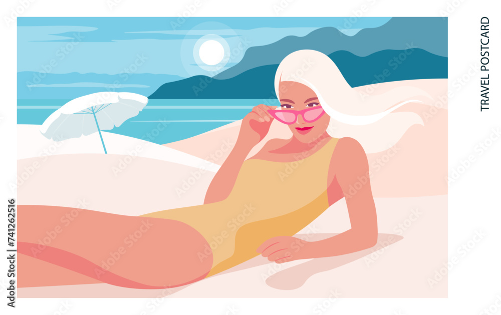 Beautiful woman lying on the sandy beach on the background with sea and mountains. Summer vacation at southern resorts. Vector flat illustration