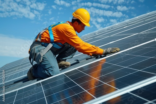 Men worker installing solar photovoltaic panels on roof, alternative energy, saving resources and sustainable lifestyle concept. wide angle lens photorealistic daylight