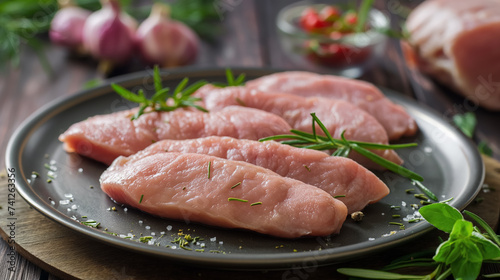 Raw chicken fillets with herbs on plate.
