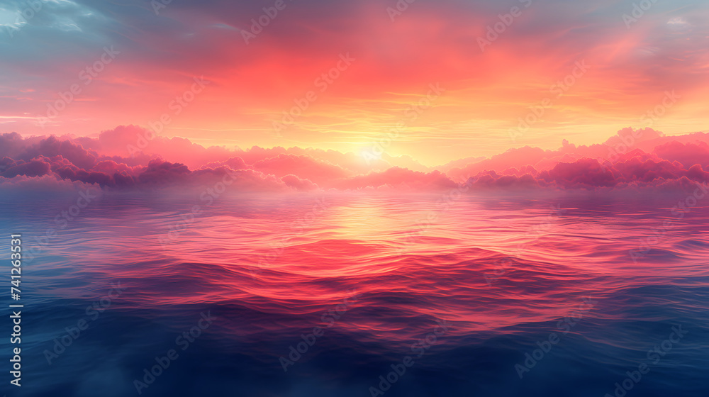 Tranquil Sunset Seascape, Ocean Waves under a Golden Hour Magic in Vibrant Pastel Sky, Ideal for Travel and Nature Background. Serene Sunrise Over the Calm Sea, Nature in a Peaceful Coastal Scene.