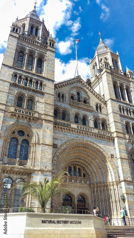 The Natural History Museum in London, with its Romanesque architecture and intricate façade.
