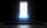 a bright white light appears in a dark room with steps after opening the double door. Abstract minimalist 3d animation. Entrance or exit, way out, Generative AI