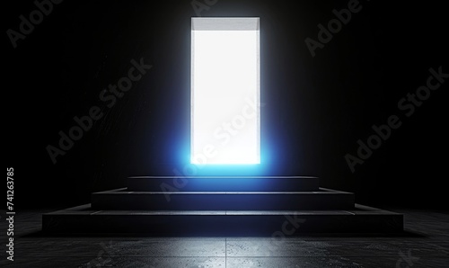 a bright white light appears in a dark room with steps after opening the double door. Abstract minimalist 3d animation. Entrance or exit, way out, Generative AI
