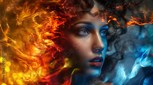 Woman with fiery and icy hair.