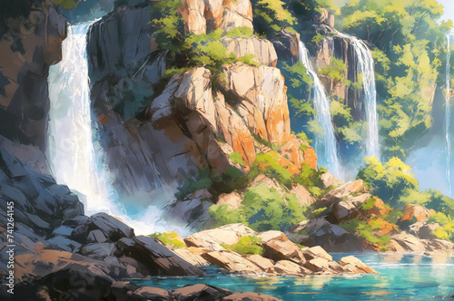 A waterfall with rocks and trees in the foreground and a bright blue sky in the background