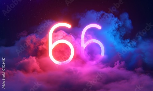 3d render, neon linear number six and colorful cloud glowing with pink blue neon light, abstract fantasy background, Generative AI