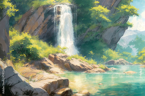 A waterfall cascades into a pool of water surrounded by rocks and greenery