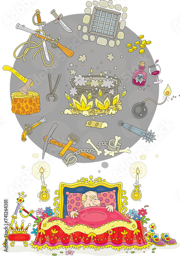 Angry king lying in a magnificent bed and dreaming about methods and means of struggle against his insidious and ruthless competitors in a fairytale kingdom, vector cartoon illustration on white