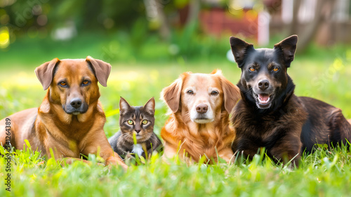 Group of dogs and cat in the garden. Selective focus.