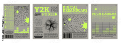 Set of retro futuristic vibe flyers. Vector realistic illustration of y2k aesthetic posters with yellow equalizer, wireframe landscape, color stars, planet, barcode icons, retrowave collage banners