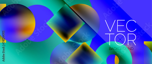 Squares and circles design. Fluid color gradients with metallic effects. Serene synergy of shapes, merging squares and circles into harmonious, captivating design