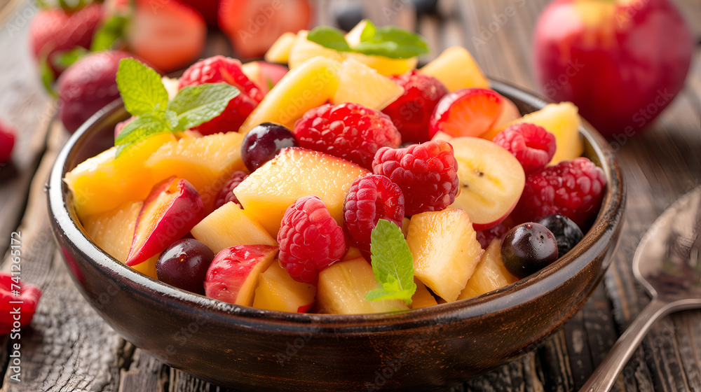 Fruit salad with peach, raspberries, cherry and mint. Fruit salad with peach, raspberries, cherry and mint.