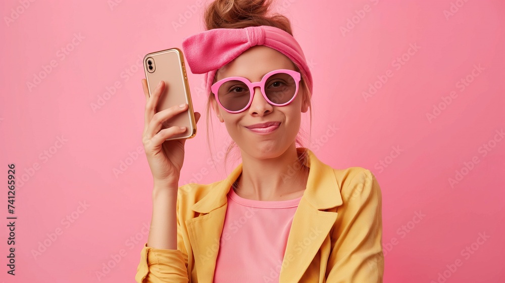 Fashionable young woman in a yellow raincoat and sunglasses and holds a new phone in her hands. Buying a phone, talking on the phone, learning online, connecting with friends at a distance