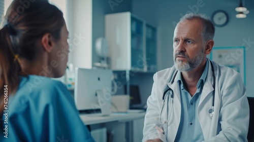 Doctor consulting with a patient in a clinic, healthcare professional in conversation