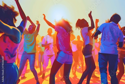 A vibrant digital artwork showing people of different races dancing joyfully at a summer block party.