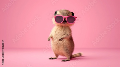 Cute funny and funny little gopher in big sunglasses on pink background photo
