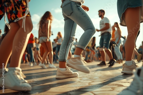 An artistic depiction of people from different backgrounds dancing together at a summer music festival.