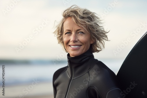 Portrait of happy senior woman in wetsuit with surfboard © Nerea