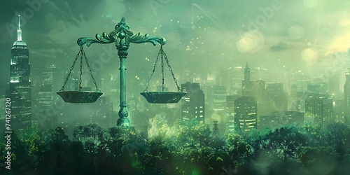 Global trade dynamics depicted as scales of justice in digital landscape concept. Concept Global Trade Dynamics, Scales of Justice, Digital Landscape Concept photo