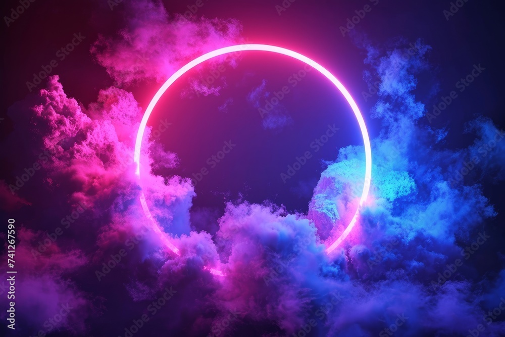 3d render, abstract minimal background, pink blue neon light round frame with copy space, illuminated stormy clouds, glowing ring geometric shape, Generative AI