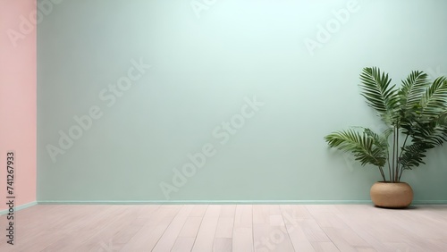 Minimal template background room mockup modern interior floor podium  Empty Pastel color wall with wooden floor  MInimalistic background for product presentation  Wall interior  AI generated