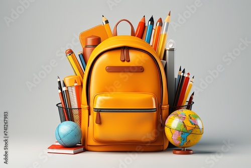 Back to school concept, yellow backpack, book and stationery supplies on classroom desk with education equipment and chalkboard background 3D Rendering