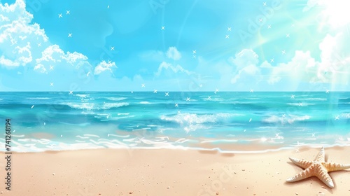 Beautiful summer sea background, illustration. Blue sea and sandy beach, space for text. Concept of travel, summer vacation, perfect beach