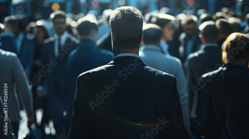 a businessman walking in a street crowded with business people