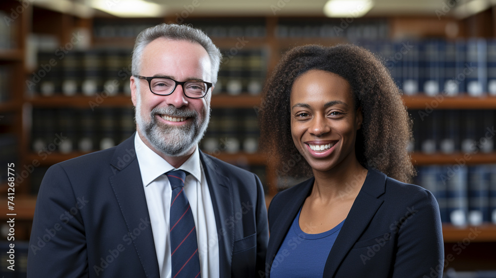 Photo of two multiracial lawyer partners meeting in lawyer office dressed formal wear suits.
Photo of two multiracial lawyer partners meeting in lawyer office dressed formal wear suits.