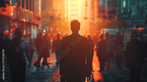 a businessman walking in a street crowded with business people