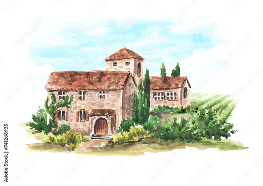 Landscape with vineyard and Tuscan Chateau. Hand drawn watercolor illustration isolated on white background Landscape with vineyard and Tuscan Chateau. Hand drawn watercolor illustration isolated on white background